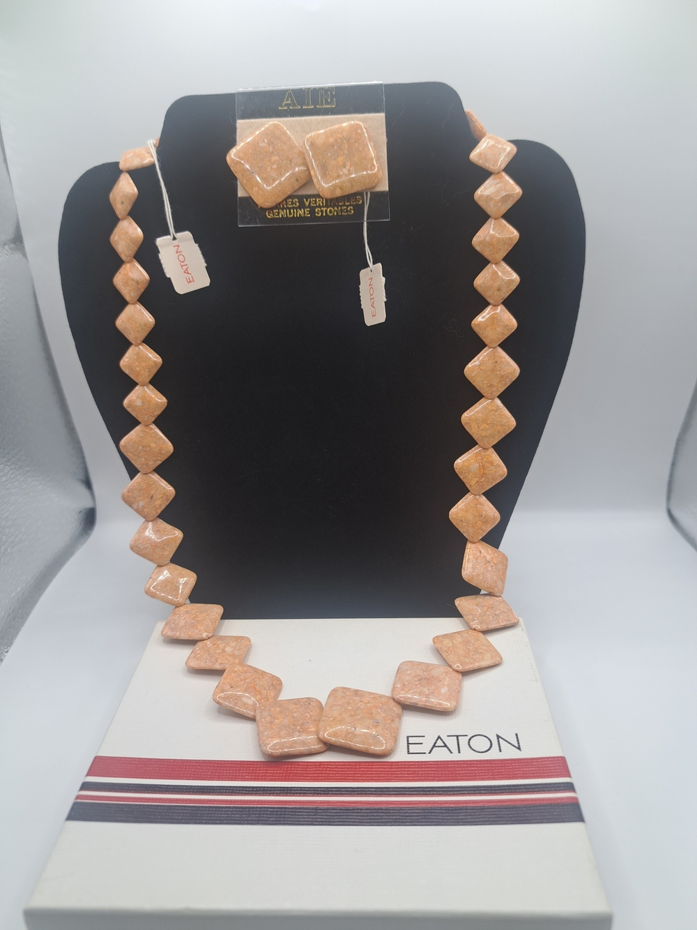 Vintage Eaton Genuine Stone Necklace & Earrings Set w/ Original Box & Tags - Picture 1 of 11